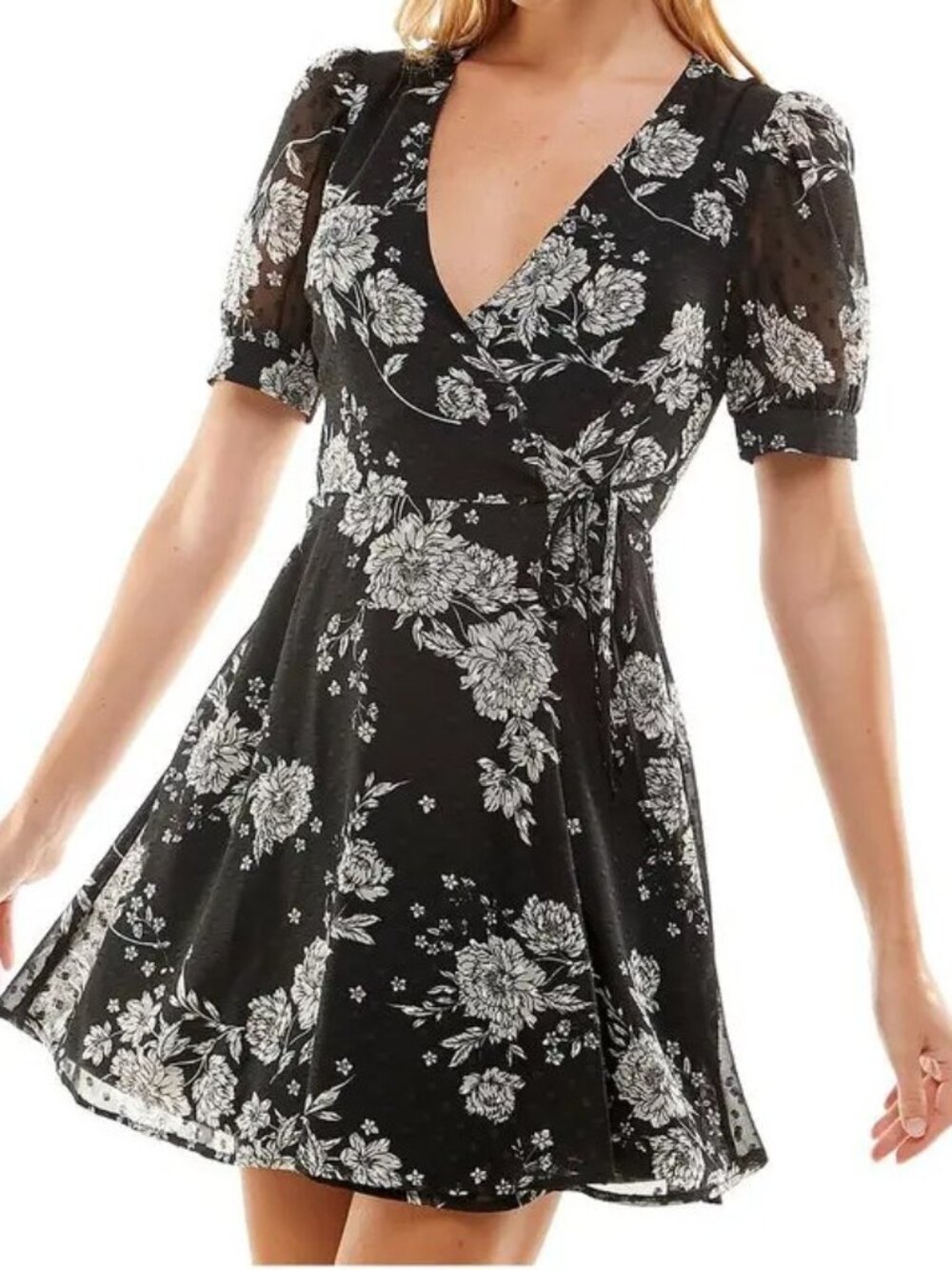 Trixxi XL Black White Floral Faux Wrap Swiss Dot Puff Sleeve Fit Flare Dress
